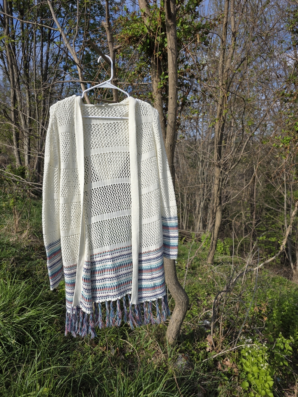 Cato Cream Open-Front Knit Cardigan with Multicolor Stripes and Fringe